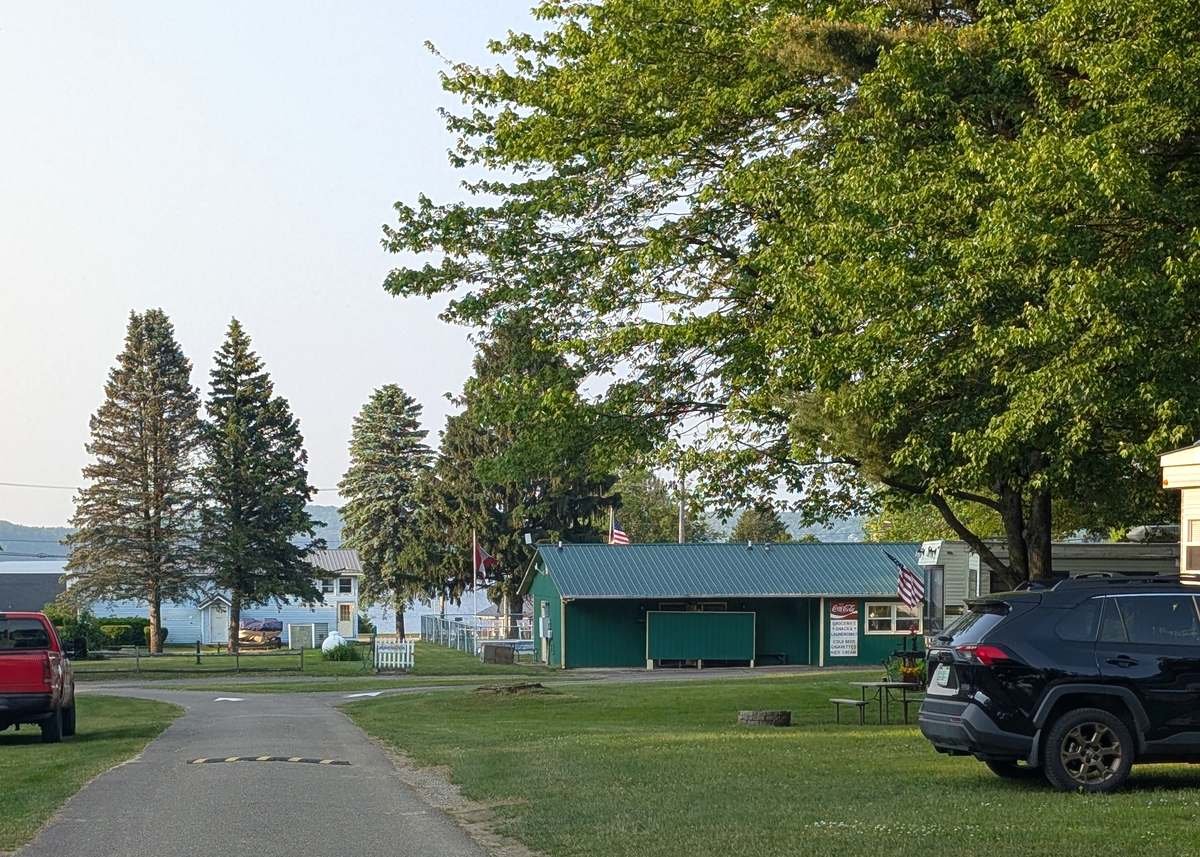 Campground road leading to the store with the lake beyond
